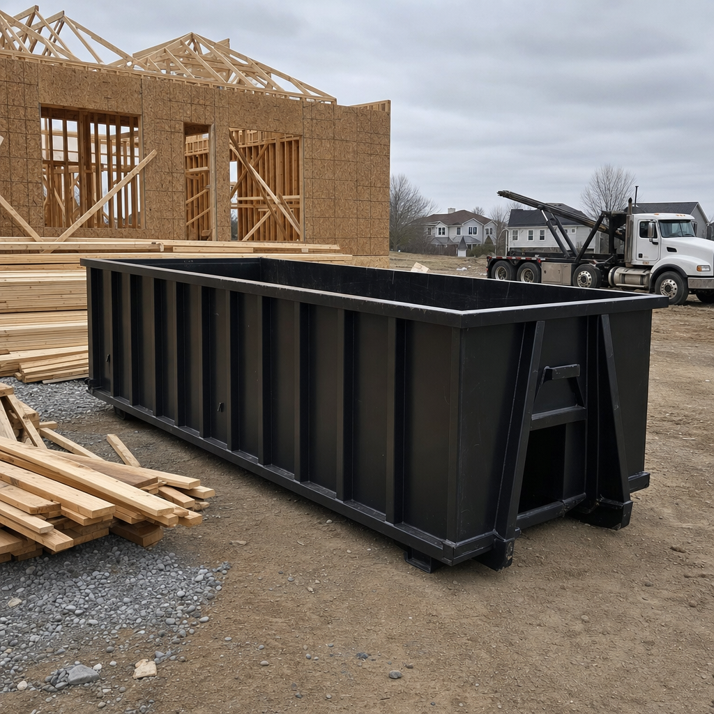 Matte-black 40-yard roll-off dumpster staged on a framed-out residential construction site in Redwood City, framing lumber stacked nearby, hooklift delivery truck visible in the background under bright Colorado daylight