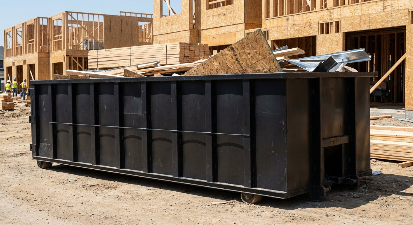 Matte-black 40-yard roll-off construction dumpster being lowered from a white-cab hooklift delivery truck onto the compacted-dirt jobsite at a commercial build site in Redwood City