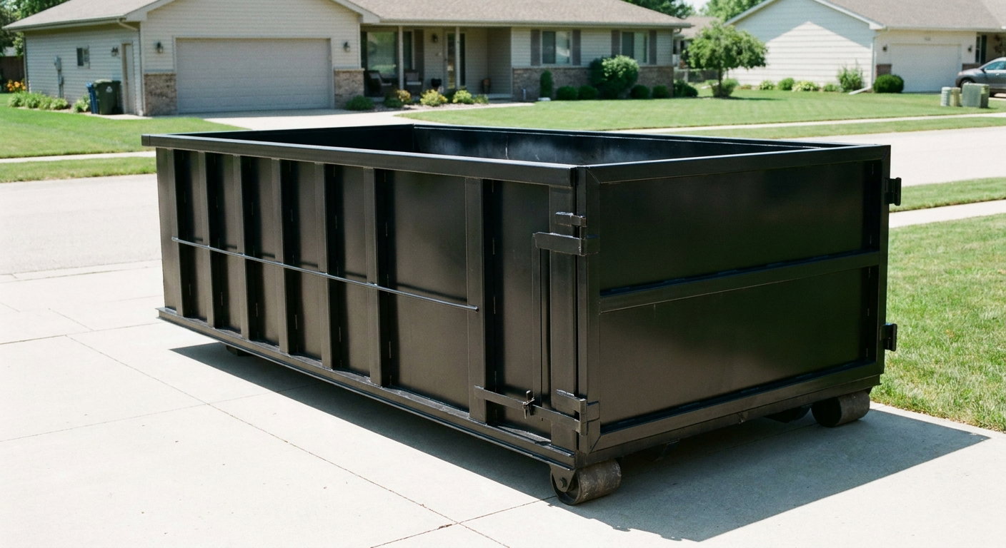 Matte-black 10-yard roll-off dumpster on a residential concrete driveway in Redwood City, uniformly painted matte black across every panel and rail, ribbed steel sidewalls and rear swing door visible, mid-day daylight.