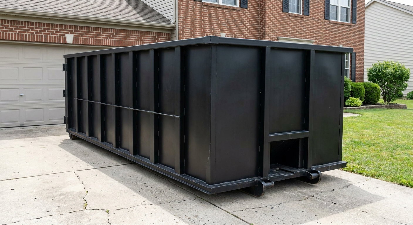 Matte-black 20-yard roll-off container on a Redwood City residential concrete driveway with reinforced ribbed steel sidewalls and a hinged rear walk-in door, clean bright daylight.