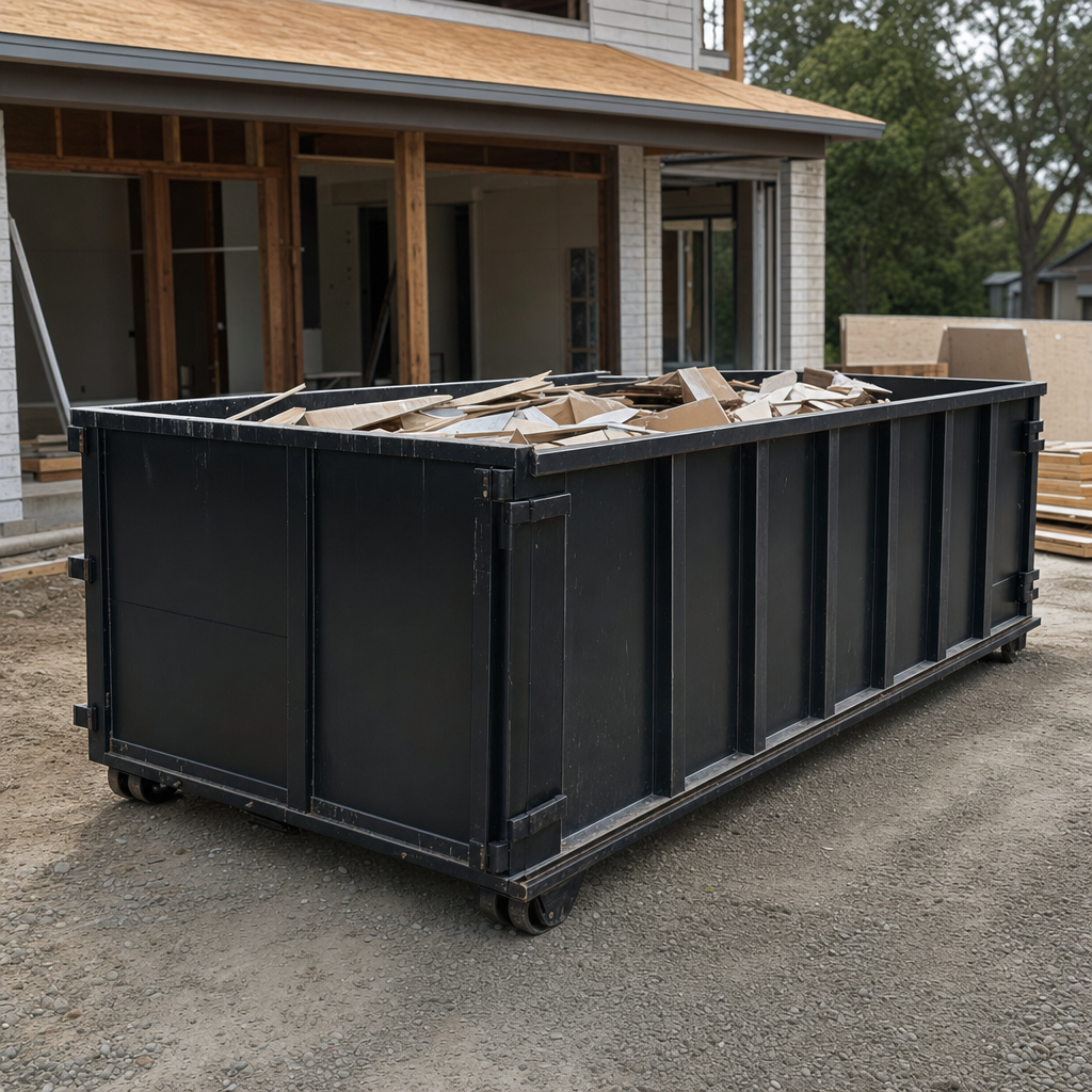 Large matte-black 30-yard construction roll-off dumpster at an active Redwood City jobsite, steel-gray top rails and bottom rollers visible, loaded with construction debris.