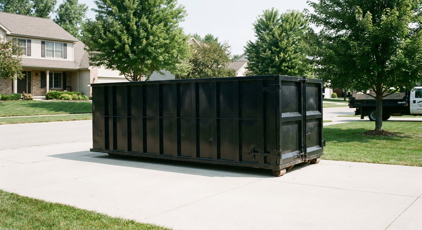 Matte-black 20-yard roll-off dumpster sitting level on a clean Redwood City residential concrete driveway under bright daylight, demonstrating clean placement directly on the concrete.