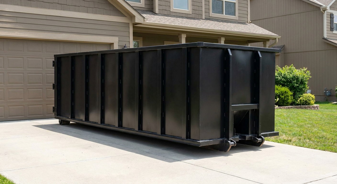 Matte-black residential roll-off dumpster sitting directly on a suburban Redwood City concrete driveway, garage door closed, single-family home in background, bright morning daylight.