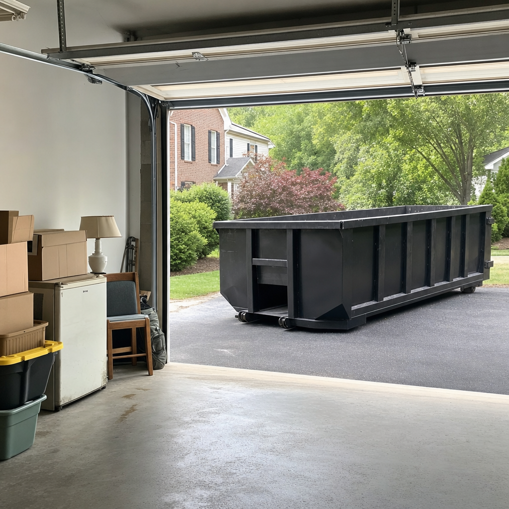 Open garage interior in a Redwood City home mid-cleanout — boxed items, an old appliance, and stacked yard tools queued near the driveway for a matte-black roll-off dumpster, organized and calm