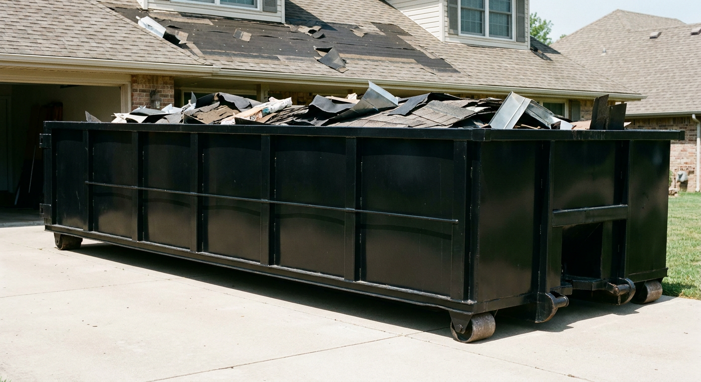 Matte-black 20-yard roofing roll-off dumpster with steel ribbed sides and swinging rear door, sitting directly on the concrete driveway of a two-story Redwood City home, asphalt shingle debris being loaded over the low wall, clean documentary lighting.