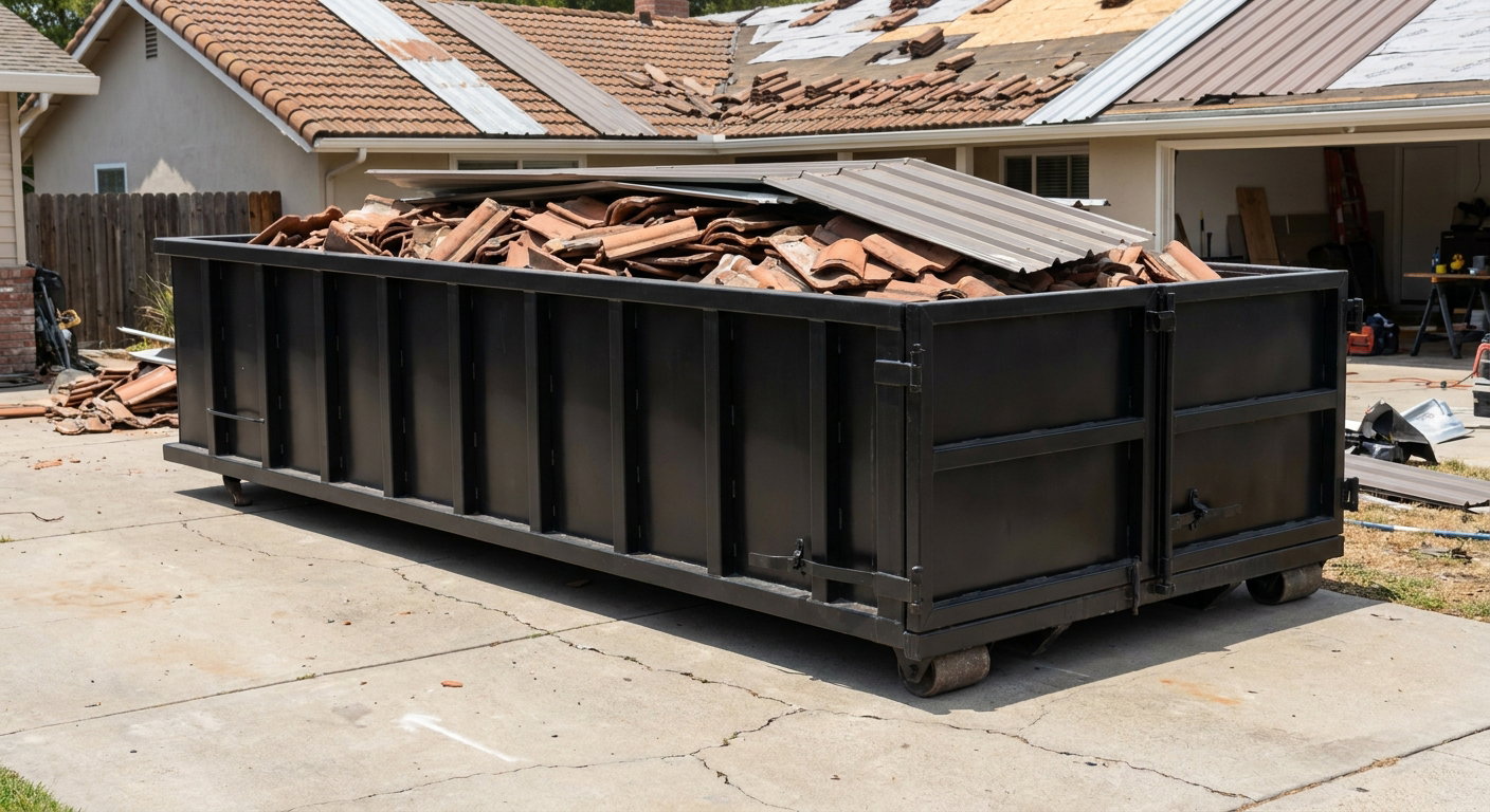 Matte-black low-wall heavy-debris roofing roll-off dumpster sitting directly on a Redwood City concrete driveway, broken concrete clay roof tiles and metal panel sections loaded inside, reinforced ribbed steel side walls visible, bright outdoor daylight.