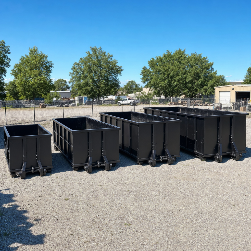 A clean lineup of matte-black roll-off dumpsters in 10, 20, 30, and 40-yard sizes staged on a sunlit gravel yard in Redwood City, showing the size progression from compact to commercial-scale containers.