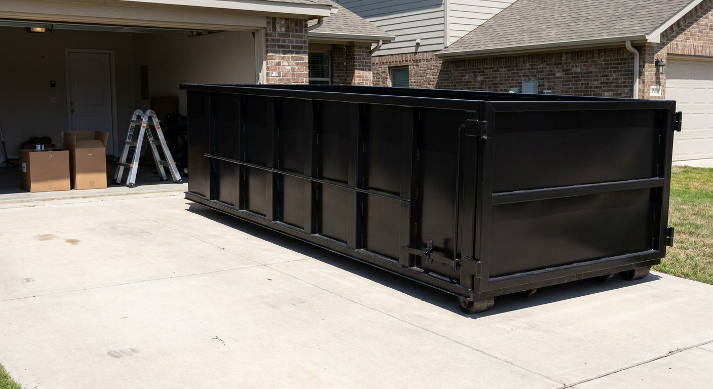 A matte-black 10-yard roll-off dumpster sitting directly on a residential Redwood City concrete driveway, mid-day sunlight, clean and ready for a garage cleanout.