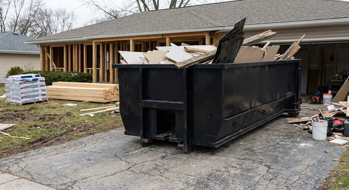 A matte-black 20-yard roll-off dumpster placed alongside a mid-renovation Redwood City home directly on the asphalt driveway, with framing materials and torn-off shingles staged neatly nearby.