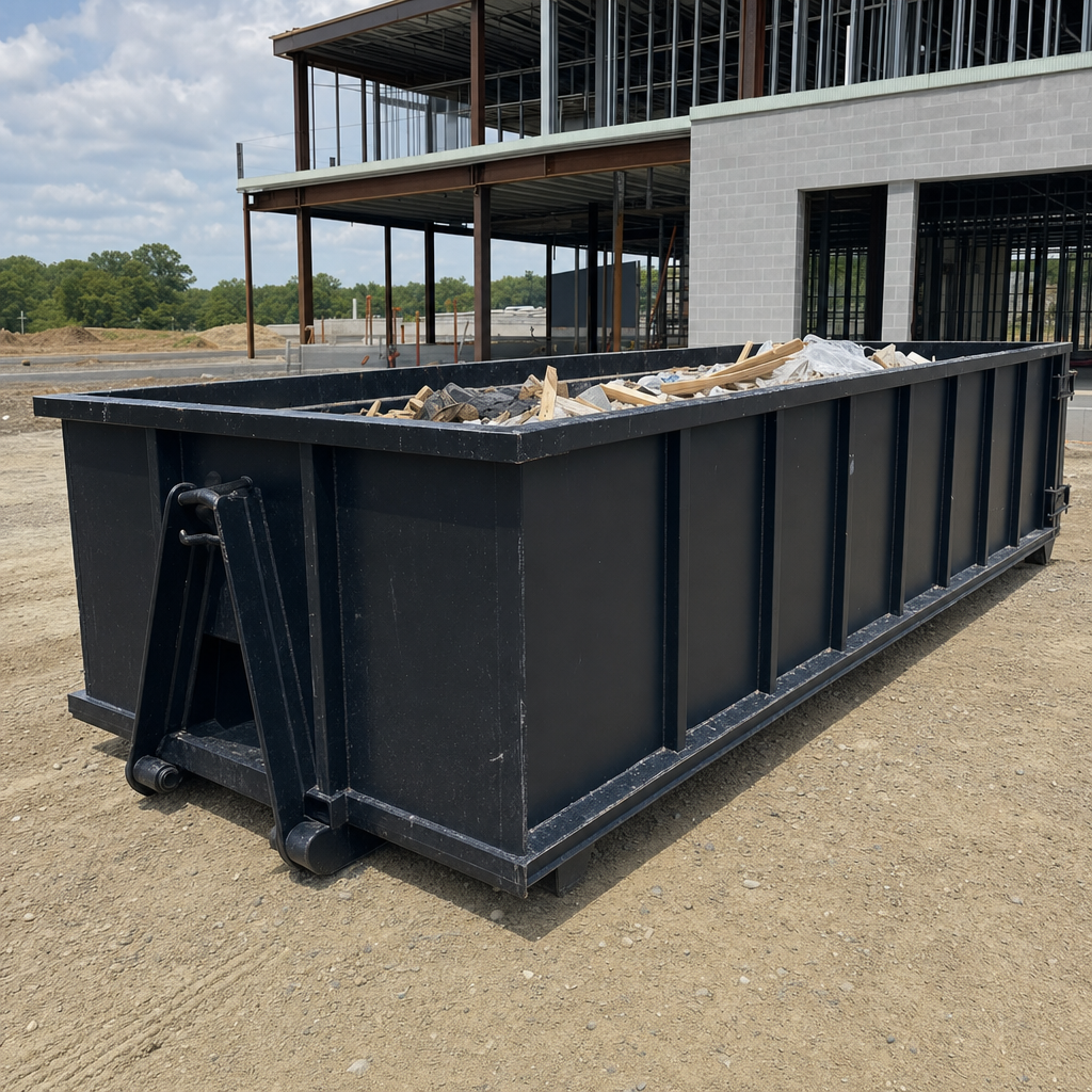 A matte-black 40-yard roll-off dumpster staged on a large Redwood City commercial construction lot, with a hooklift delivery truck parked alongside under bright midday sky.