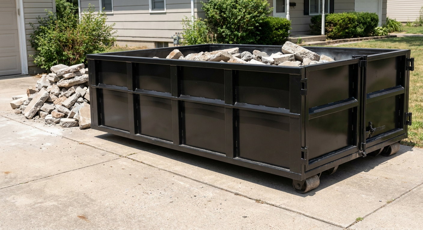 A matte-black low-side heavy-debris roll-off dumpster placed directly on a Redwood City concrete driveway, with broken concrete chunks neatly stacked beside it under clean daylight.