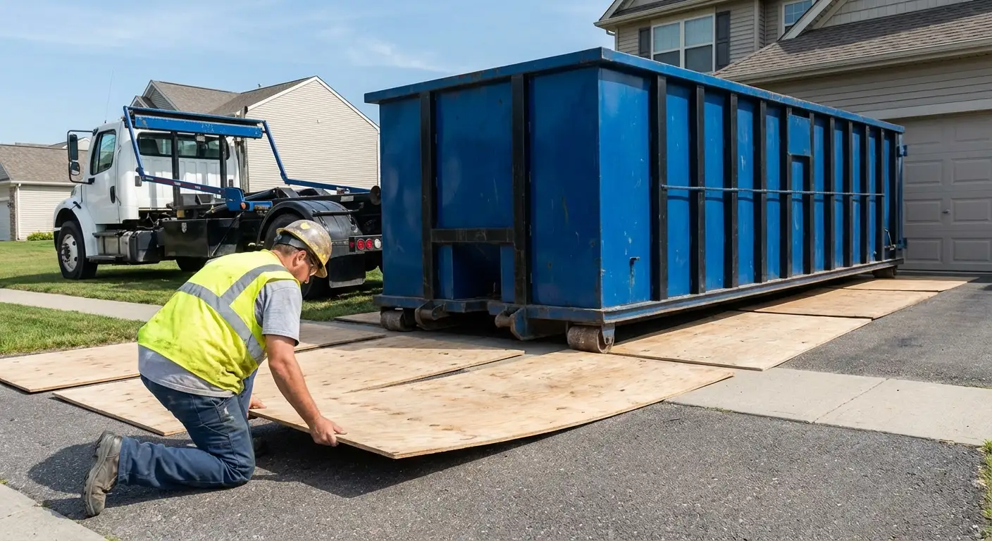 Driveway protection and delivery preparation for dumpster rental in Redwood City, CA