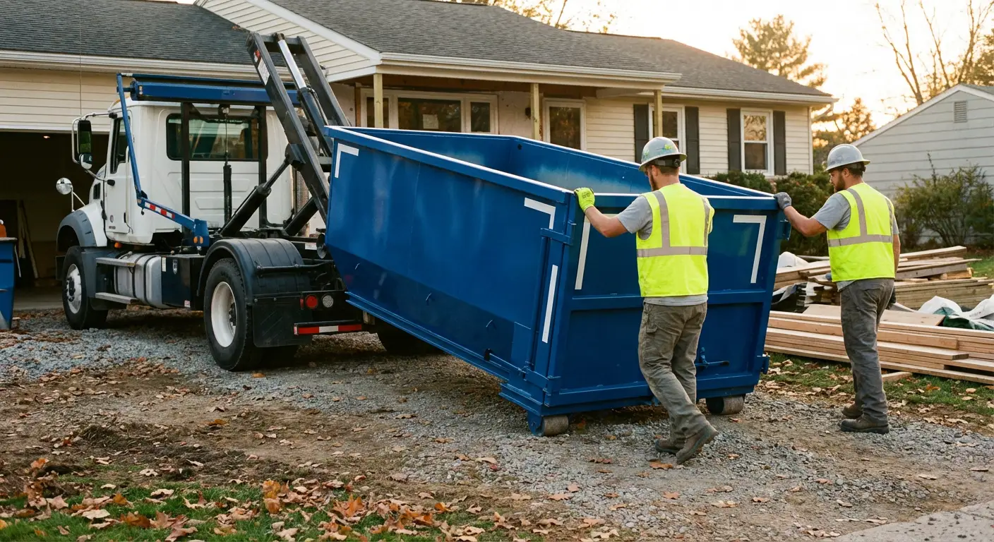 Construction dumpster delivery truck in action in Redwood City, CA