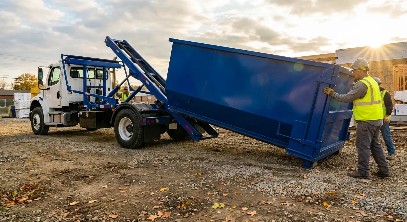 Construction dumpster delivery truck at job site in Redwood City, CA