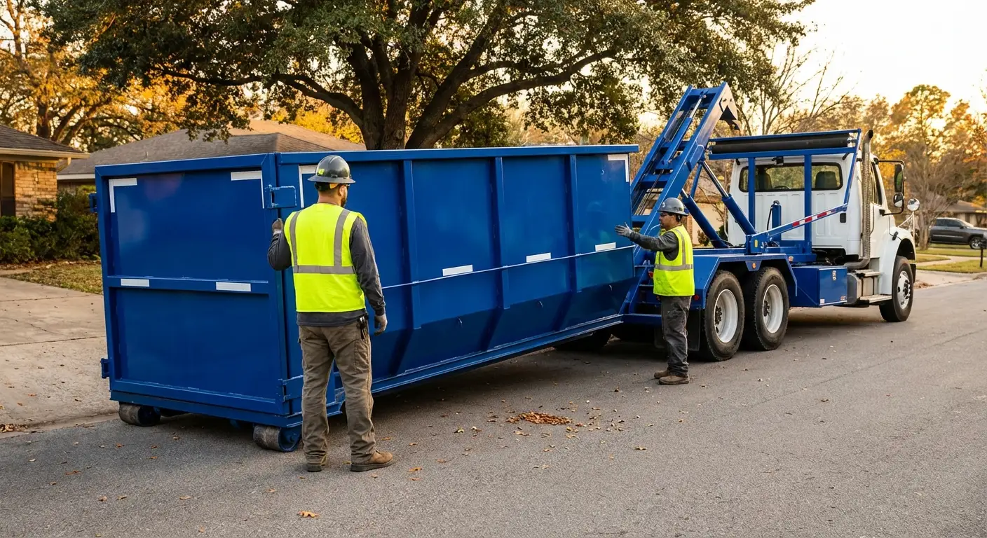 Roll-off dumpster delivery truck in operation in Redwood City, CA