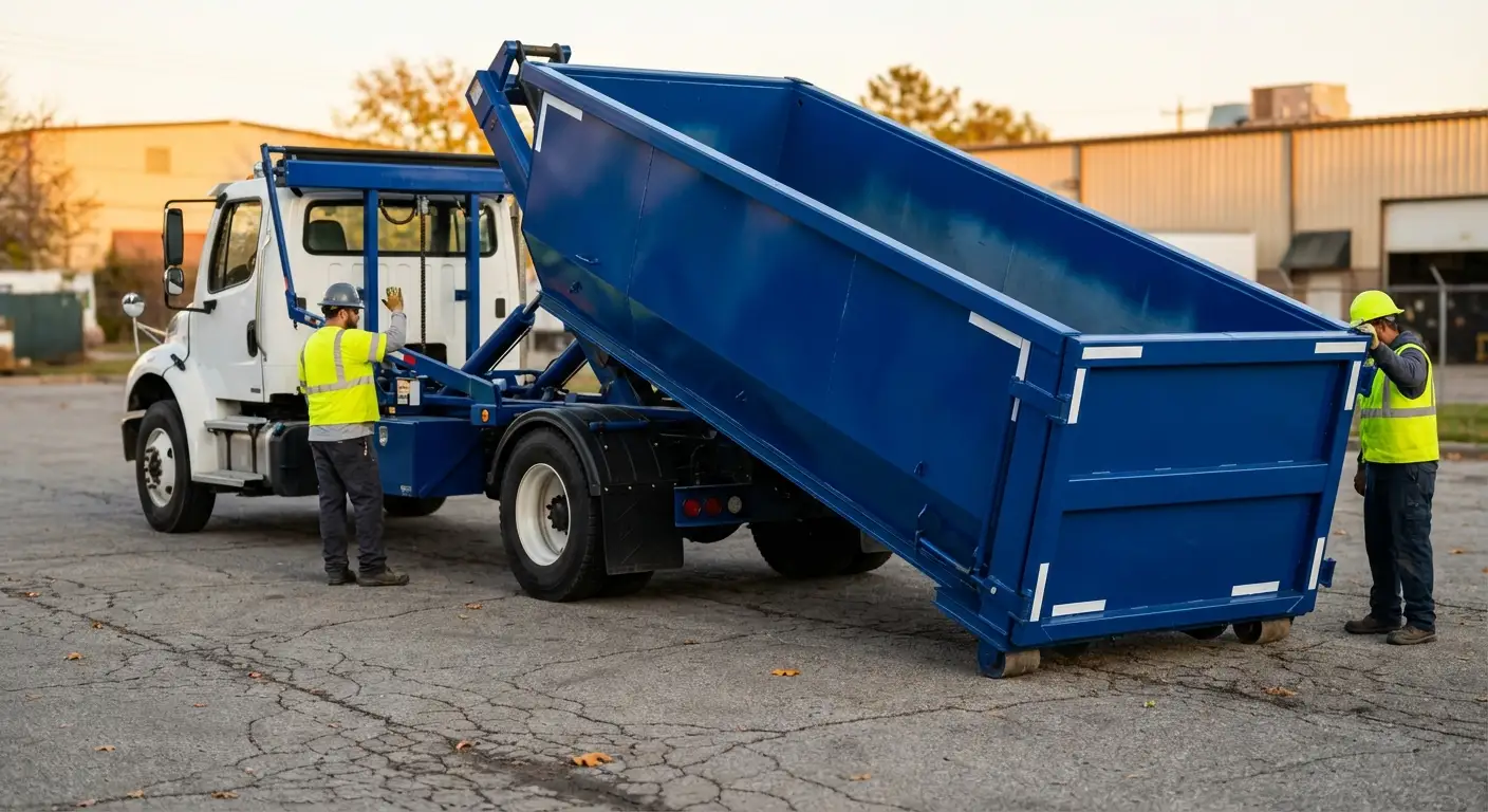 Roll-off dumpster rental truck protecting driveway surfaces in Redwood City, CA